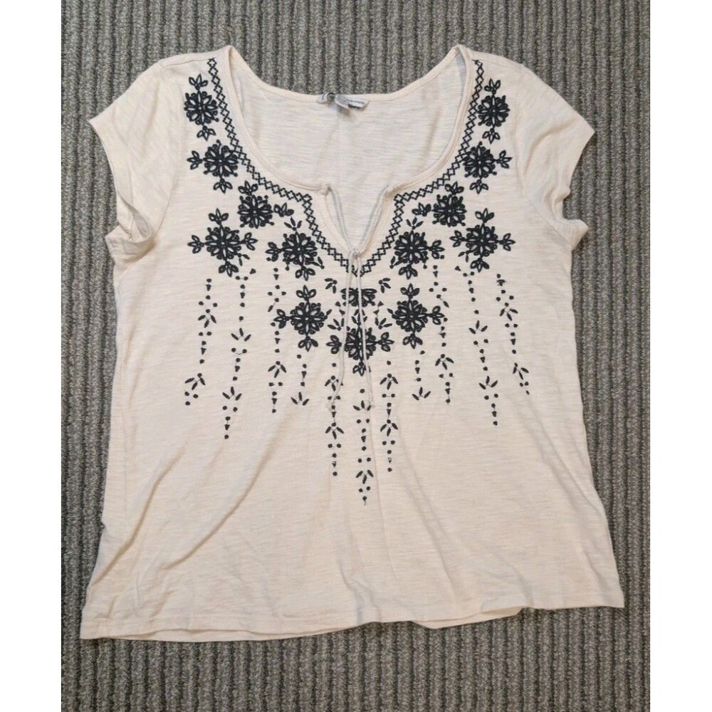 American Eagle Embroidered Boho Top XS Petite Cream Black Floral Slub Knit Y2K